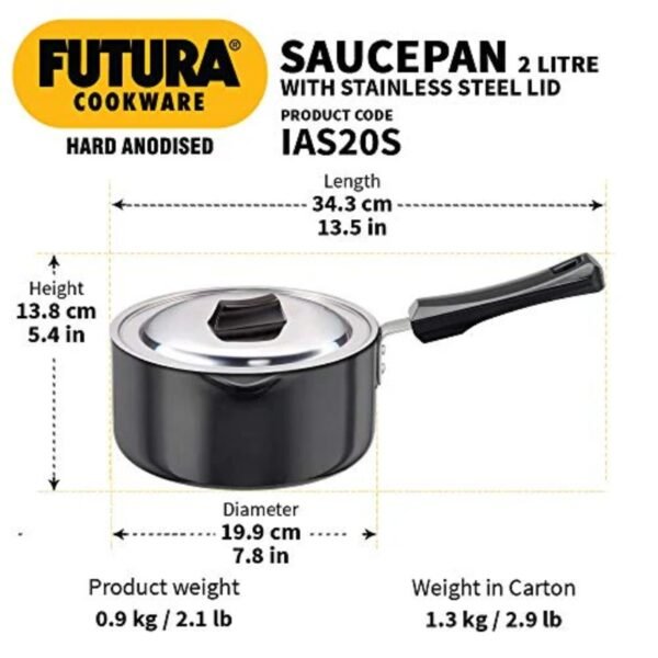 Futura Induction Hard Anodised Induction Base Sauce Pan with Steel Lid and Ezee-Pour Spout, 2 L, Small, Black - Image 3