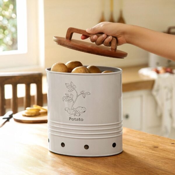 Canny potato storage barrel with wooden lid
