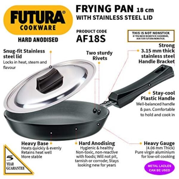 Futura Hard Anodised Frying Pan with Lid, 18cm - Image 3