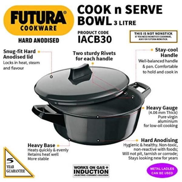 Futura Induction Hard Anodised Cook and Serve Stewpot/Bowl with Induction Base and Lid, 3 L, Small, Black - Image 4