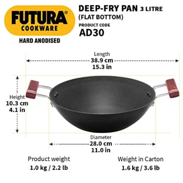 Hawkins Futura 3 Litre Deep Fry Pan, Hard Anodised Kadai, Flat Bottom Kadhai, Black (AD30) - Image 3