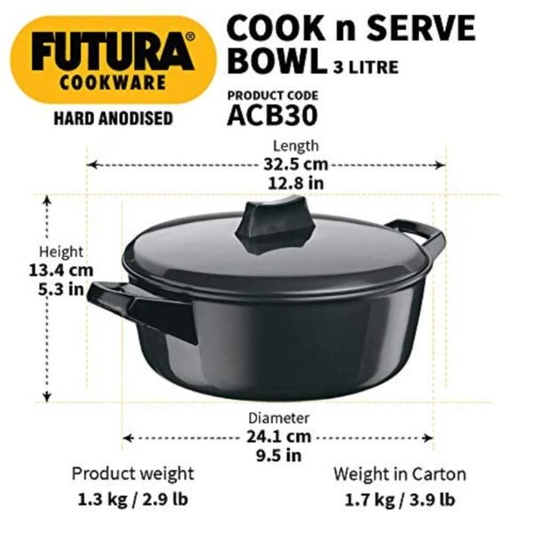 Hawkins/Futura Hard Anodised Cook and Serve Stewpot/Bowl, 3-Liter, 3.17 quarts, Black - Image 2