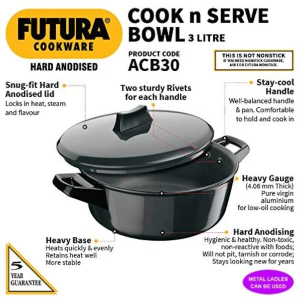 Hawkins/Futura Hard Anodised Cook and Serve Stewpot/Bowl, 3-Liter, 3.17 quarts, Black - Image 4
