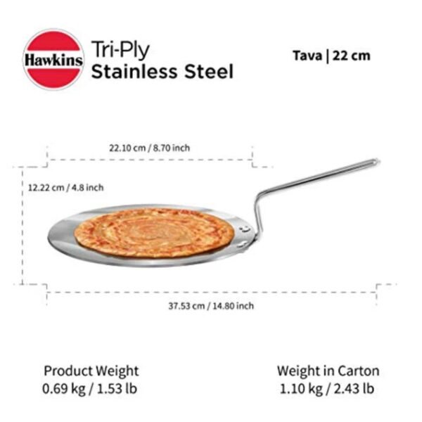 Hawkins 22 cm Tava, Triply Stainless Steel Tawa with Stainless Steel Handle, Induction Tawa, Silver (SSTV22) - Image 2