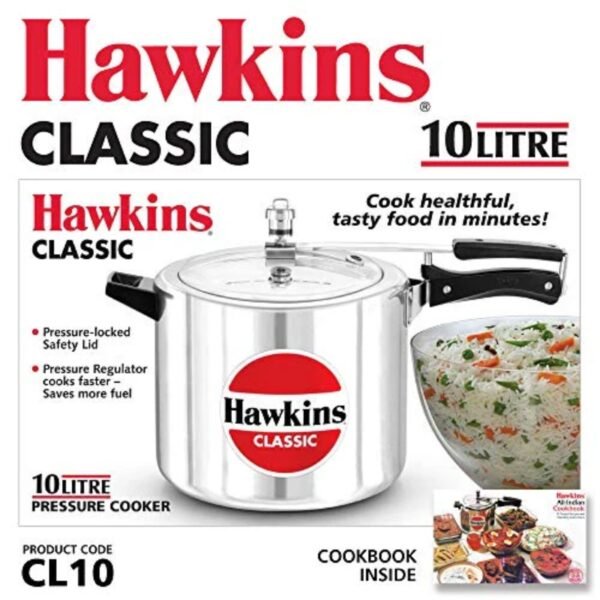 Hawkins Classic Aluminum Pressure Cooker, 10-Liter, Silver - Image 3