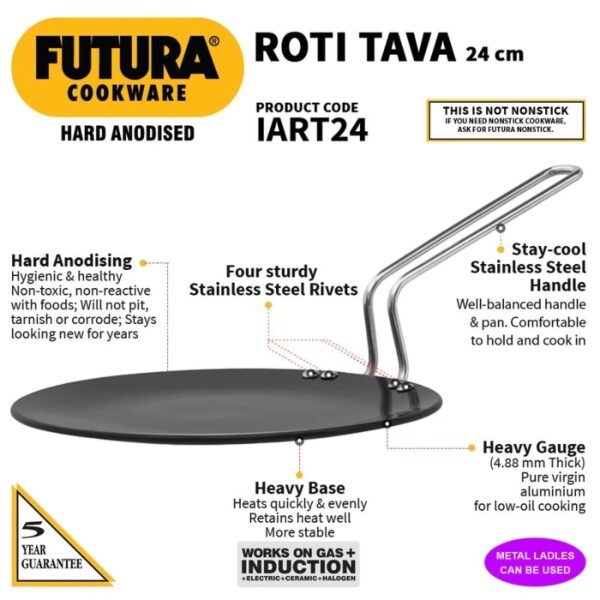 Hawkins Futura 24 cm Roti Tava, Hard Anodised Tawa, Induction Tawa, Black (IART24) - Image 2