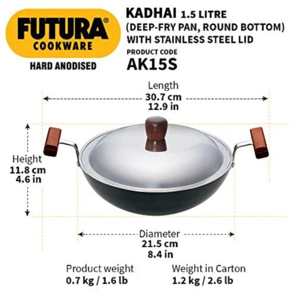 Hawkins/Futura Hard Anodised Deep Fry Pan Rounded Kadai with Stainless Steel Lid, 1.5-Liter - Image 2