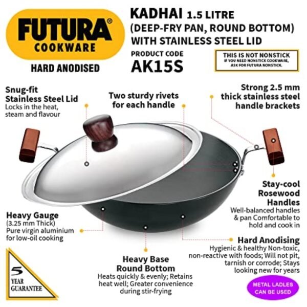 Hawkins/Futura Hard Anodised Deep Fry Pan Rounded Kadai with Stainless Steel Lid, 1.5-Liter - Image 4