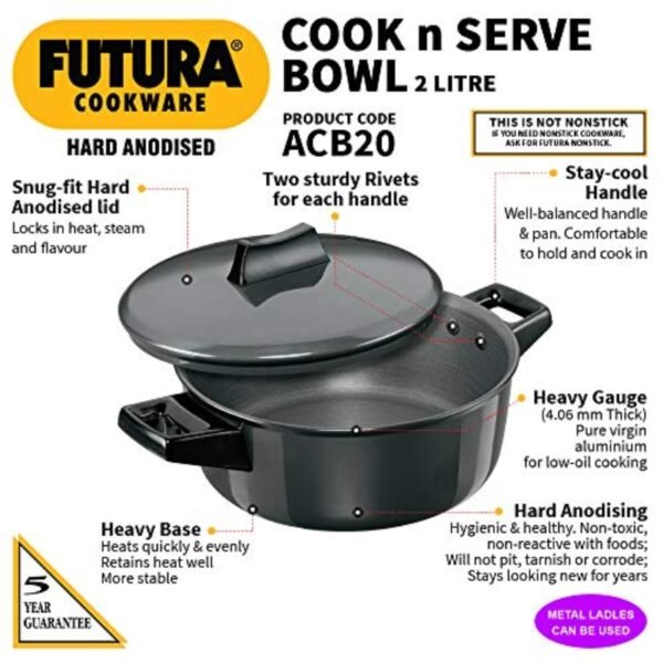 Hawkins/Futura L62 Hard Anodised Cook and Serve Stewpot/Bowl, 2-Liter,Gray,Medium - Image 3