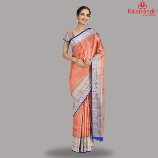 LIGHT PINK and ROYAL BLUE FLORAL BUTTIS TISSUE Saree with BANARASI FANCY