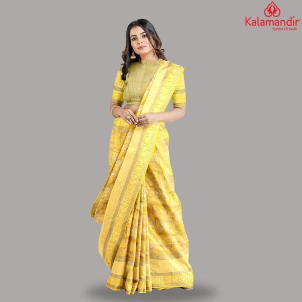 YELLOW and LIGHT YELLOW FLORAL JAAL TISSUE Saree with BANARASI FANCY