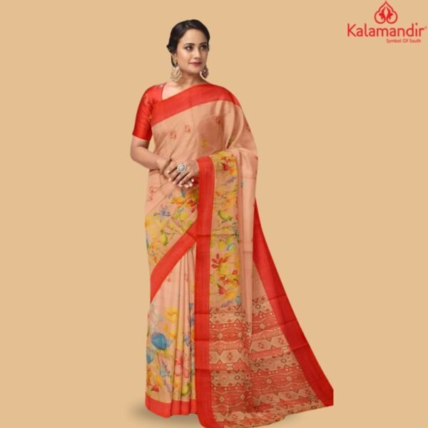 MULTI and CORAL FLORALS TISSUE Saree with BANARASI FANCY