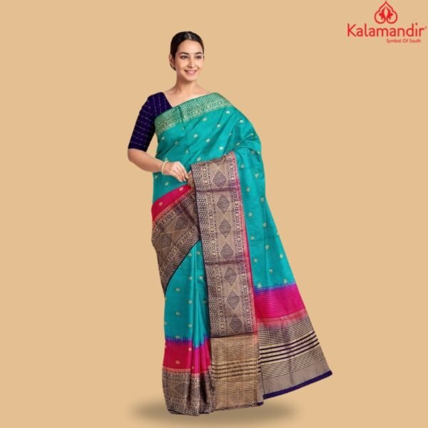 TEAL and VIOLET CHECKS AND BUTTIS SILK Saree with BANARASI FANCY