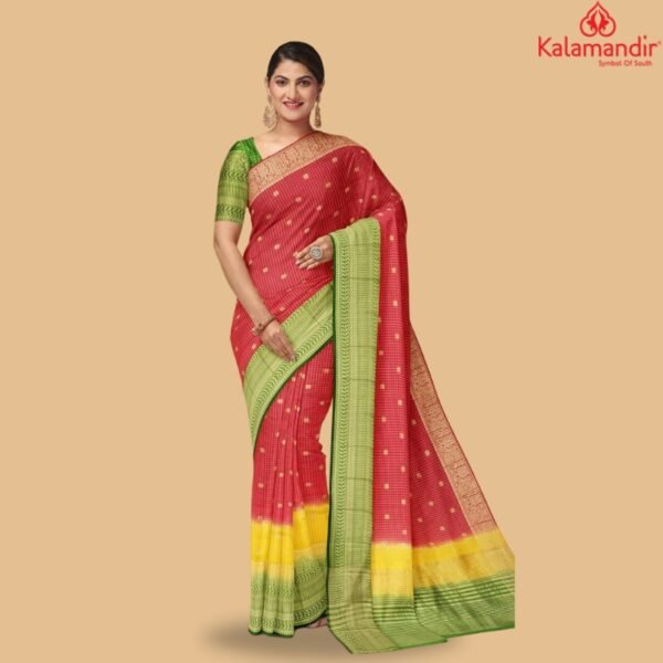 INDIAN RED and GREEN CHECKS AND BUTTIS SILK Saree with BANARASI FANCY