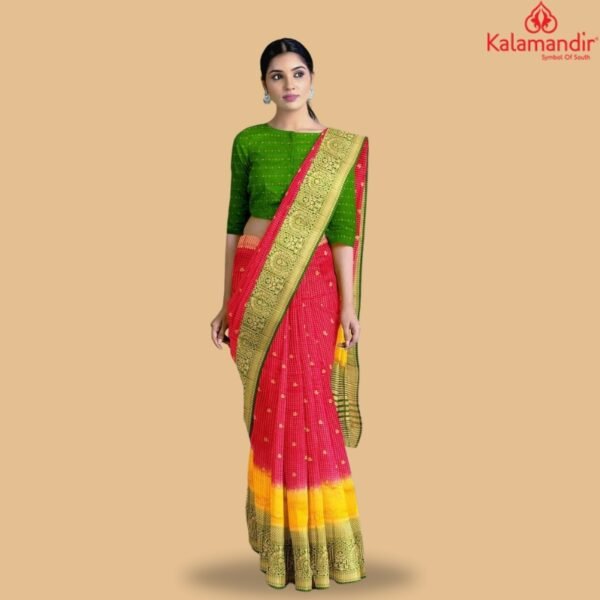 INDIAN RED and GREEN CHECKS AND BUTTIS SILK Saree with BANARASI FANCY