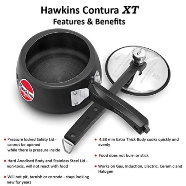 Hawkins 1.5 Litre Contura Black XT Pressure Cooker, Hard Anodised Inner Lid Cooker, Small Induction Cooker, Extra Thick Handi Cooker, Black (CXT15) - Image 3