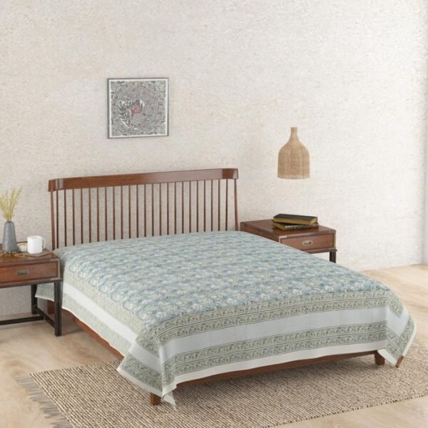 Blue Coromandel Cotton Hand Block Printed Single Bed Cover - Image 2