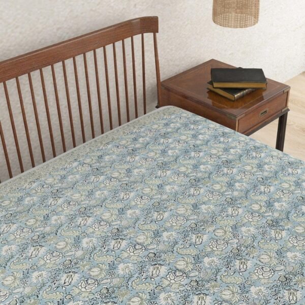 Blue Coromandel Cotton Hand Block Printed Single Bed Cover - Image 4