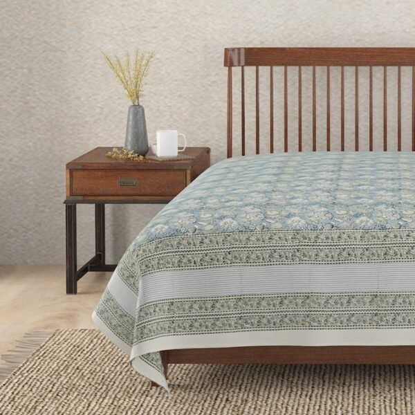 Blue Coromandel Cotton Hand Block Printed Single Bed Cover