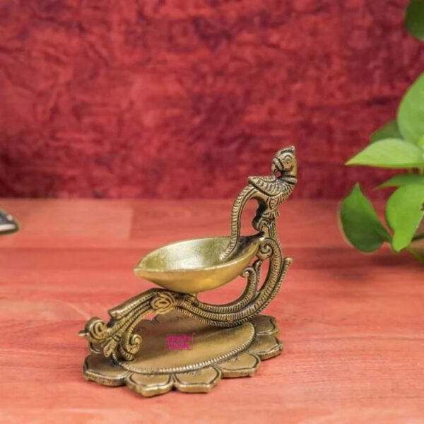Brass Diya with Peacock Handle, Antique Traditional Aarti Diya - Image 2