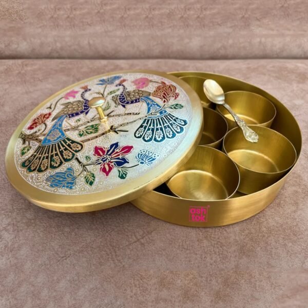 Brass Masala Box, Spice Container with 7 Compartments with Meenakari design on the Lid (Dia :- 7 Inch) Product Barcode: 51396
