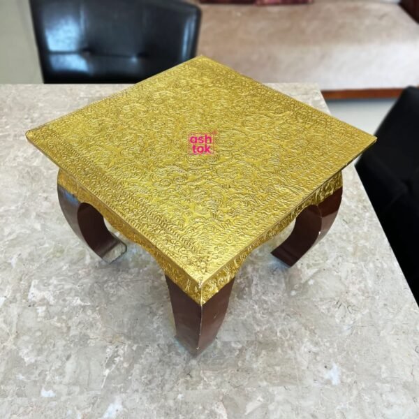 Brass Pooja Chowki, Brass Sheet Bajot For Puja, Brass Work Wooden Chowki. - Image 3