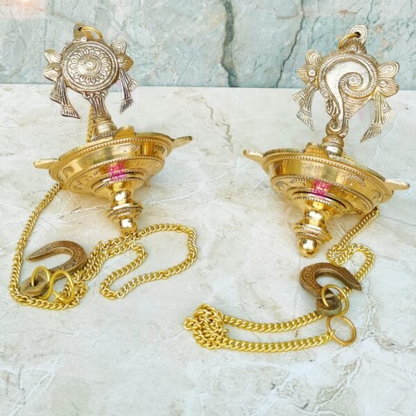 Brass Shanku Chakram Hanging Diya, Puja Diya, Sangu Symboled, Decorative Mandir Diya (Pack of 2 Diya's) Product Barcode: 82214