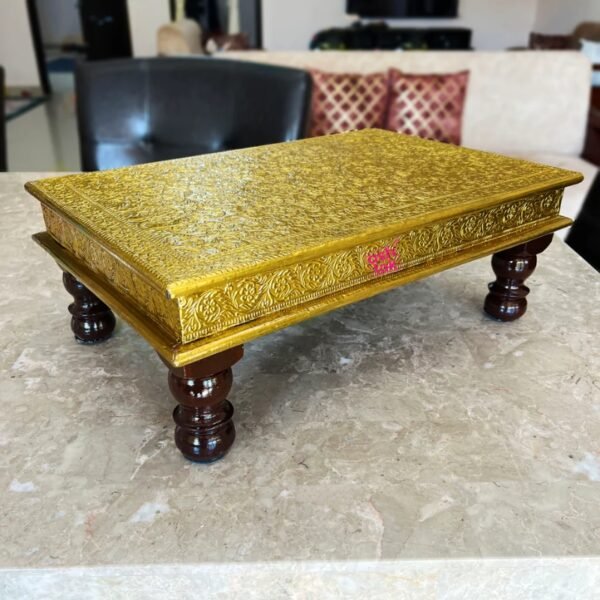 Chowki for Puja, Pure Brass Sheet Handcrafted Chowki, 4 Sided Rectangle Chowki - Image 2