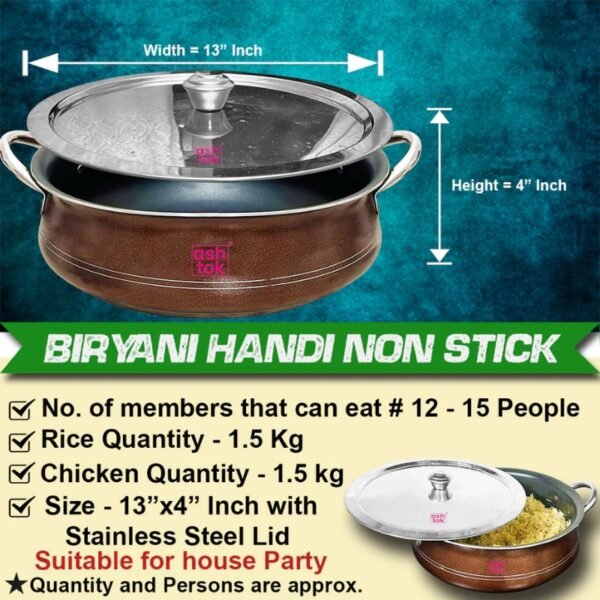 Biryani Handi Non Stick with Stainless Steel Lid, Multipurpose Pots Set Use for Home Kitchen or Restaurant - Image 2
