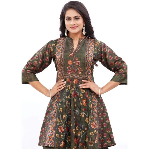 Olive Green Muslin Kurti Set with Sequence & Beads - Image 3