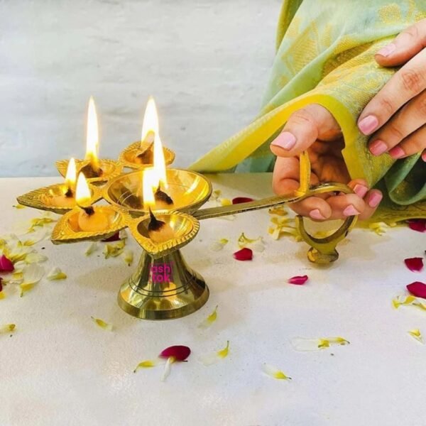 Pooja Aarti Diya with Handle, Brass Decorative Puja Accessory, Five Face Camphor Burner lamp Panch Aarti for Navratra, Diwali Gifts Home Decor, Golden color - Image 2