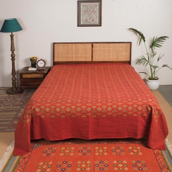 Red Cotton Woven Double Bed Cover - Image 2