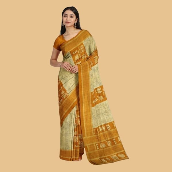 BEIGE and MUSTARD DIGITAL PRINT BHAGALPURI SILK Saree with FANCY
