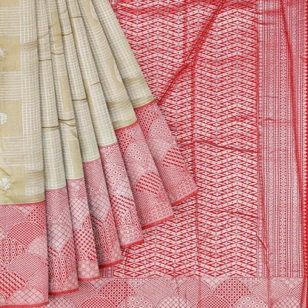 BEIGE and RED CHECKS AND BUTTIS SILK Saree with BANARASI FANCY - Image 2