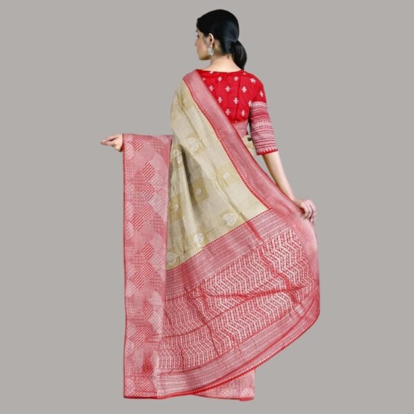 BEIGE and RED CHECKS AND BUTTIS SILK Saree with BANARASI FANCY - Image 3