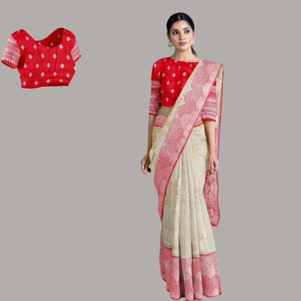 BEIGE and RED CHECKS AND BUTTIS SILK Saree with BANARASI FANCY