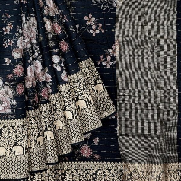 BLACK and GOLD FLORALS DOLA SILK Saree with FANCY - Image 2