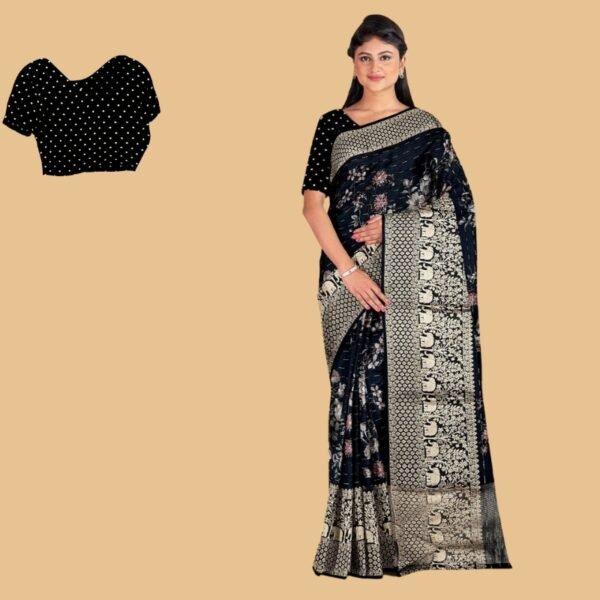 BLACK and GOLD FLORALS DOLA SILK Saree with FANCY