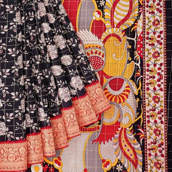 BLACK and RED CHECKS & FLORALS SILK Saree with BANARASI FANCY - Image 2