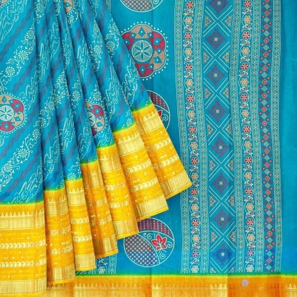BLUE and YELLOW JAAL DOLA SILK Saree with FANCY - Image 2