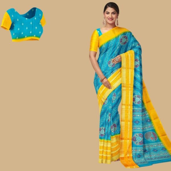BLUE and YELLOW JAAL DOLA SILK Saree with FANCY