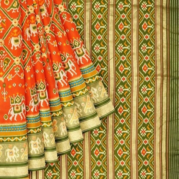 BRICK and OLIVE GREEN PATOLA SILK Saree with IKAT - Image 2