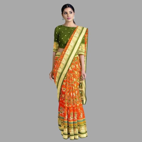 BRICK and OLIVE GREEN PATOLA SILK Saree with IKAT
