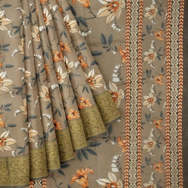 BROWN and MULTI FLORALS LINEN Saree with FANCY - Image 2