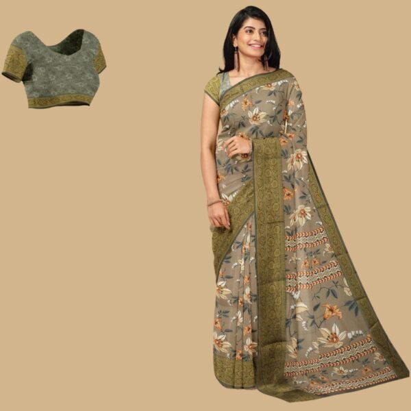 BROWN and MULTI FLORALS LINEN Saree with FANCY