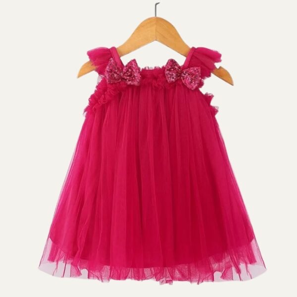 Babyhug Sleeveless Bow with Sequins Detailing Aline Mesh Party Frock - Dark Pink