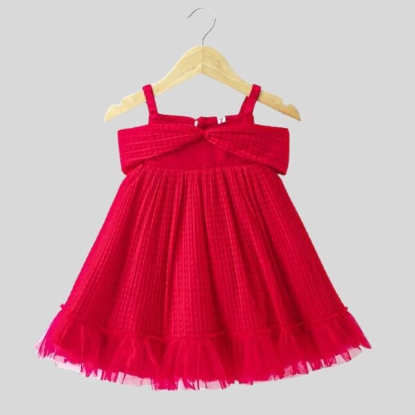 Babyhug Sleeveless Pleated Mesh A Liner Party Frock with Frill Detailing Solid Colour - Red