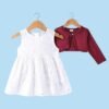Babyhug Woven Frock with Full Sleeves Jacket Floral Embroidery - White - Image 2
