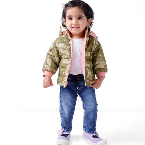 Babyoye Woven Quilted Full Sleeves Hooded Jacket Solid Print - Green & Blue - Image 2