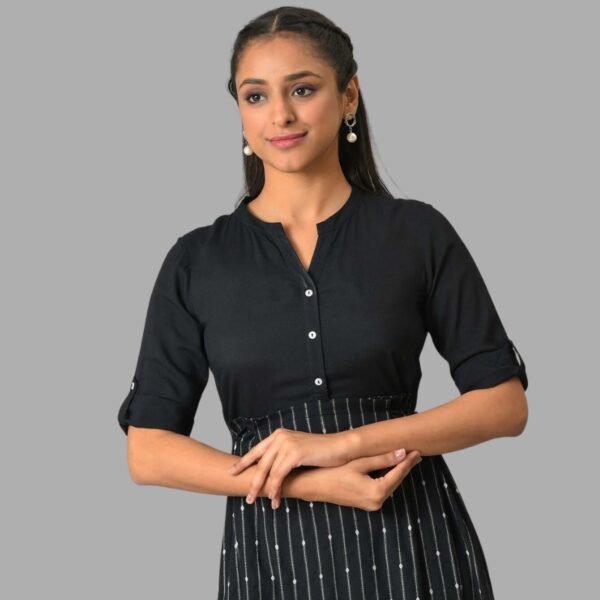 Black Flared Printed Modern Ethnic Dress - Image 2